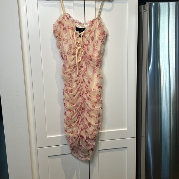 SBeteo Slip Lace Up Front Ruched Floral Mesh Mini Dress Women Size M - Picture 10 of 17